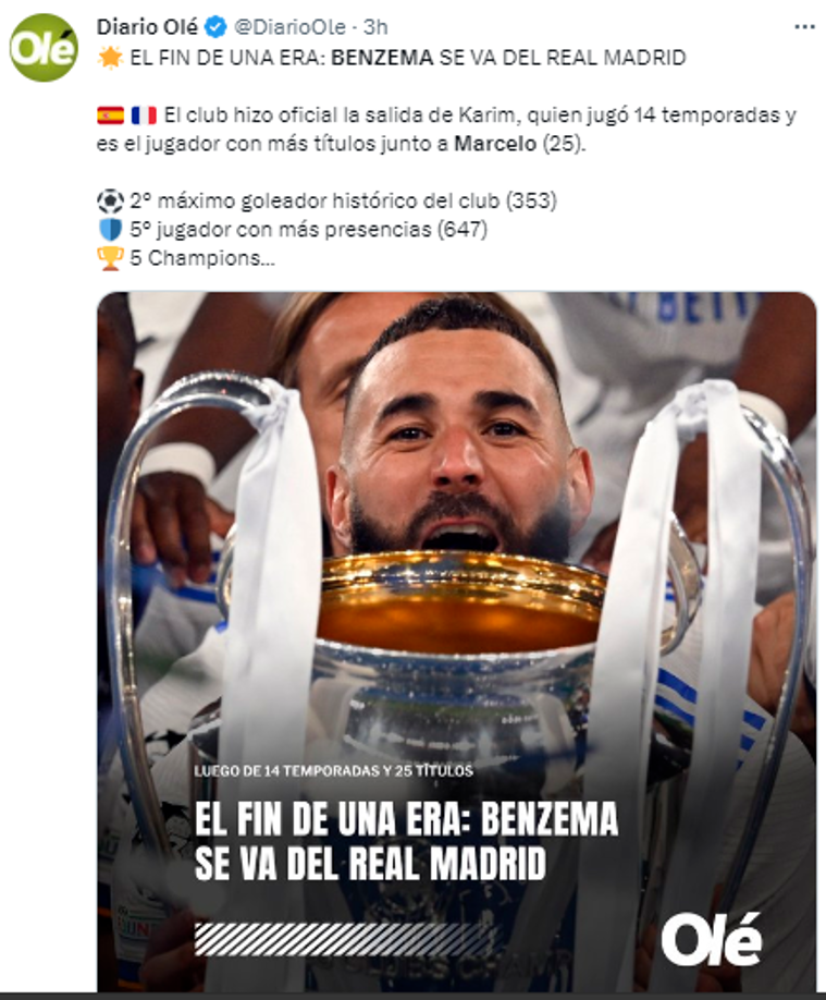 Diario Olé de Argentina: “El fin de una era”.