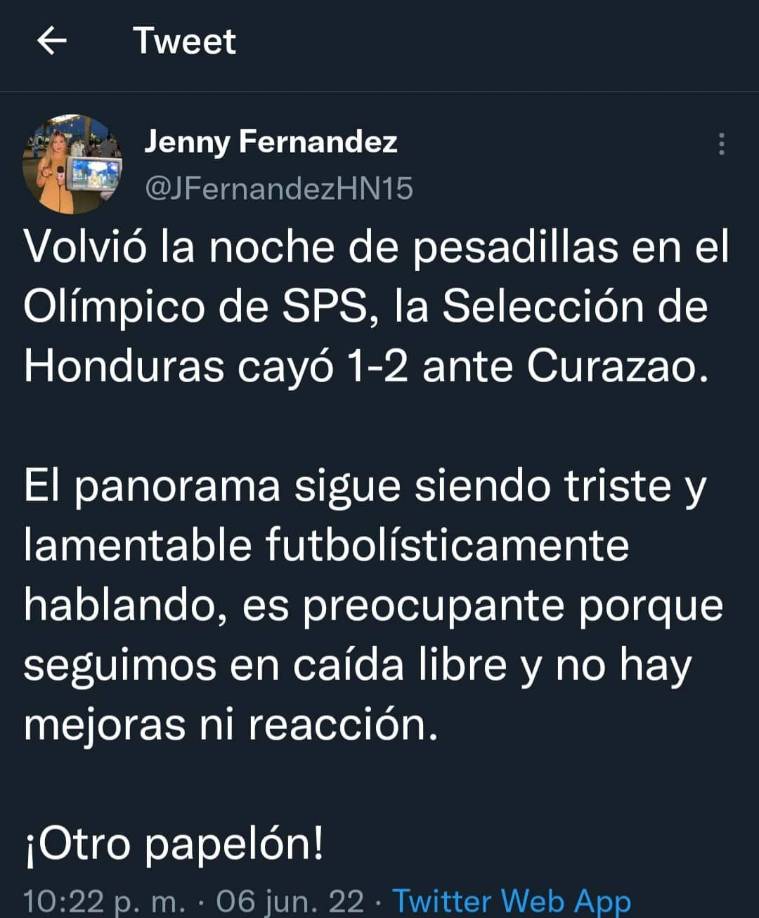 Jenny Fernández: “El panorama sigue siendo triste y lamentable futbolísticamente hablando, es preocupante porque seguimos en caída libre y no hay mejoras ni reacción”.
