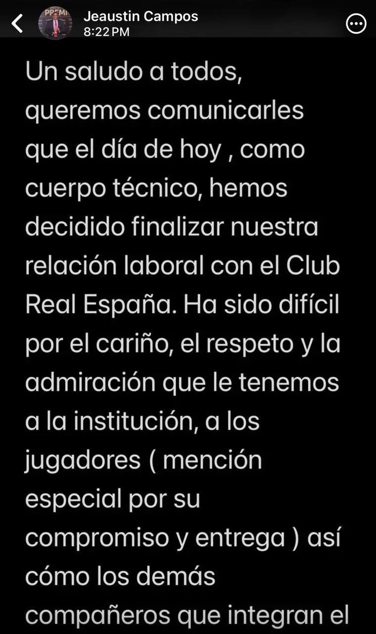 Aquí parte del mensaje que escribió el entrenador tico.
