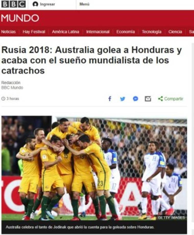 Así títula la BBC la derrota de Honduras.