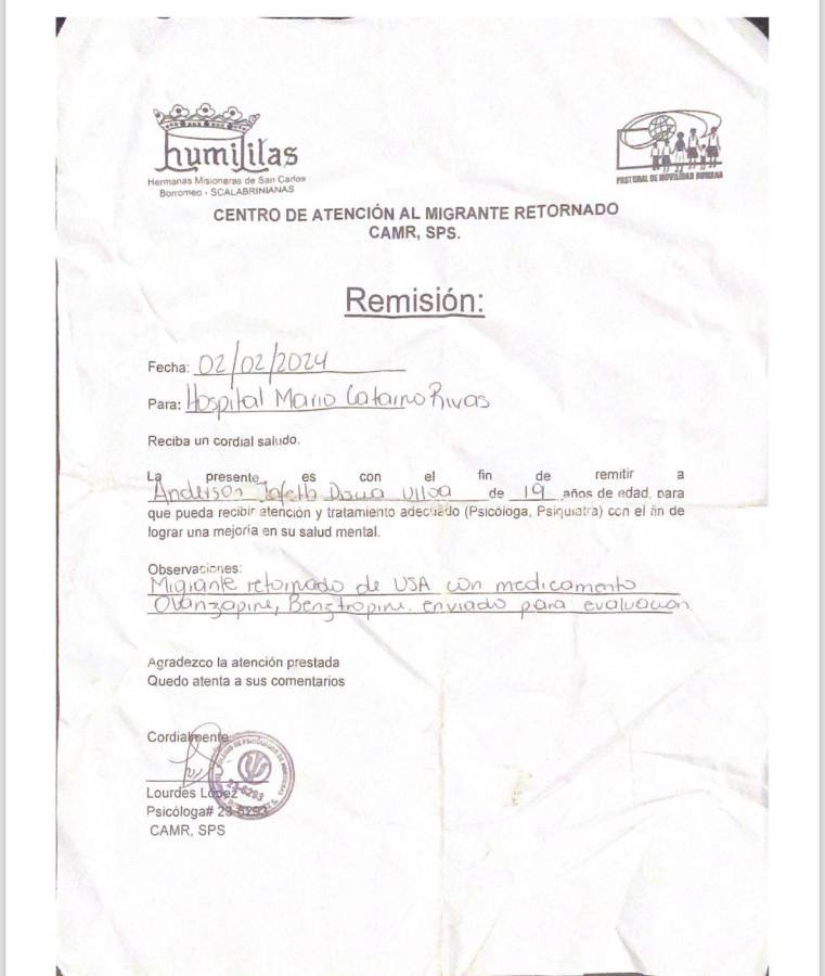 Remisión de Anderson Discua retornado por el Centro de Atención del Migrante Retornado el 2 de febrero.