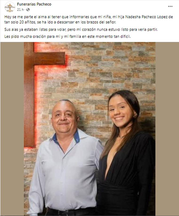 “Hoy se me parte el alma al tener que informarles que mi niña, mi hija Nadesha Pacheco Lopez de tan solo 20 añitos, se ha ido a descansar en los brazos del señor. Les pido mucha oración para mi y mi familia en este momento tan difícil”, añadió el padre de la atleta, conocido empresario de la zona.