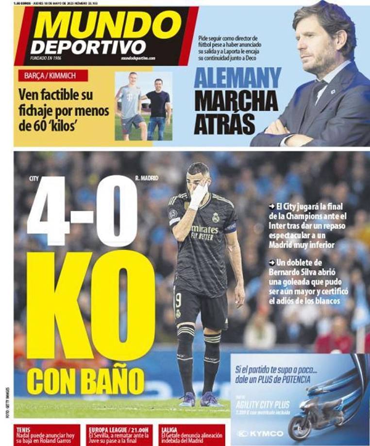 Mundo Deportivo - “4-0, KO con baño”. “El City jugará la final de la Champions ante el Inter tras dar un repaso espectacular a un Madrid muy inferior”.