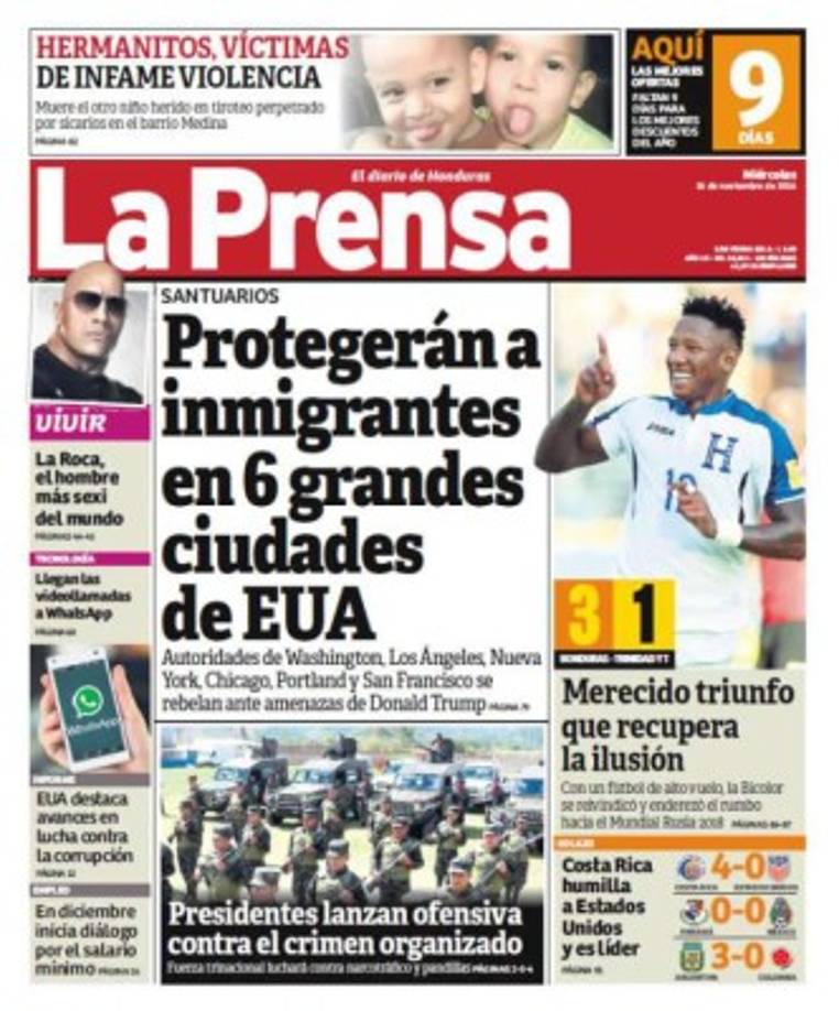 Hoy en nuestra Portada de LA PRENSA (Honduras) no dejamos pasar en alto el triunfo de la Bicolor sobre Trinidad y Tobago por lo que se mete a la pelea por un cupo al Mundial de Rusia.
