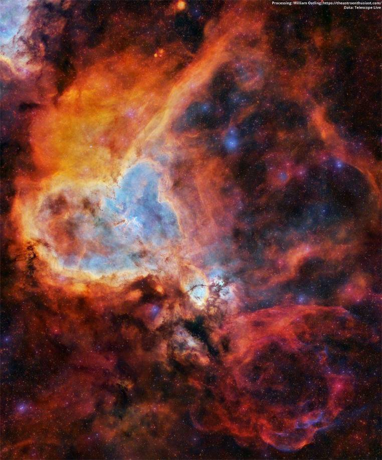La nebulosa del corazón, ubicada a unos 7,500 años luz de distancia, en la constelación de Casiopea, la Nebulosa del Corazón está envuelta por gas brillante en todas direcciones, como se evidencia en esta imagen amplia y profunda que incluye la Nebulosa Cabeza de Pez en la parte inferior derecha.