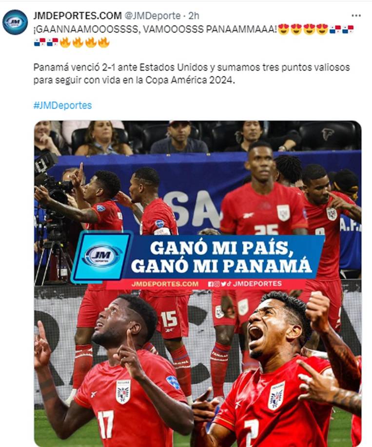 JMDeporte de Panamá - “Panamá venció 2-1 ante Estados Unidos y sumamos tres puntos valiosos para seguir con vida en la Copa América 2024”.