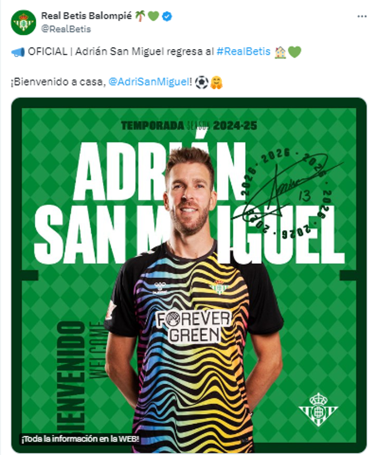 OFICIAL / El Real Betis hizo oficial este lunes el fichaje de Adrián San Miguel, portero de 37 años que la pasada temporada defendió la camiseta del Liverpool, que llega con la carta de libertad y firma un contrato que le une a la entidad verdiblanca hasta el 30 de junio de 2026.