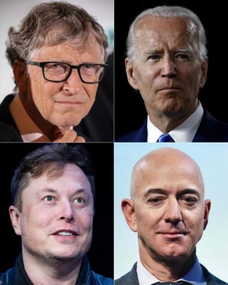 (COMBO) This combination of file photos created on July 15, 2020 shows (L-R, top to bottom) Microsoft founder Bill Gates in Lyon, France, on October 9, 2019; Democratic presidential candidate Joe Biden in Wilmington, Delaware on July 14, 2020;SpaceX founder Elon Musk in Washington, DC, on March 09, 2020; and Blue Origin founder Jeff Bezos in Washington, DC, on October 22, 2019. - The official Twitter accounts of Gates, Biden, Musk, Bezos and other high-profile accounts were hijacked on July 15, 2020, by scammers trying to dupe people into sending cryptocurrency bitcoin in the hope of doubling their money. Posts, which were largely deleted, were fired off from the array of accounts telling people they had 30 minutes to send $1,000 in bitcoin in order to be sent back twice as much. (Photos by AFP)