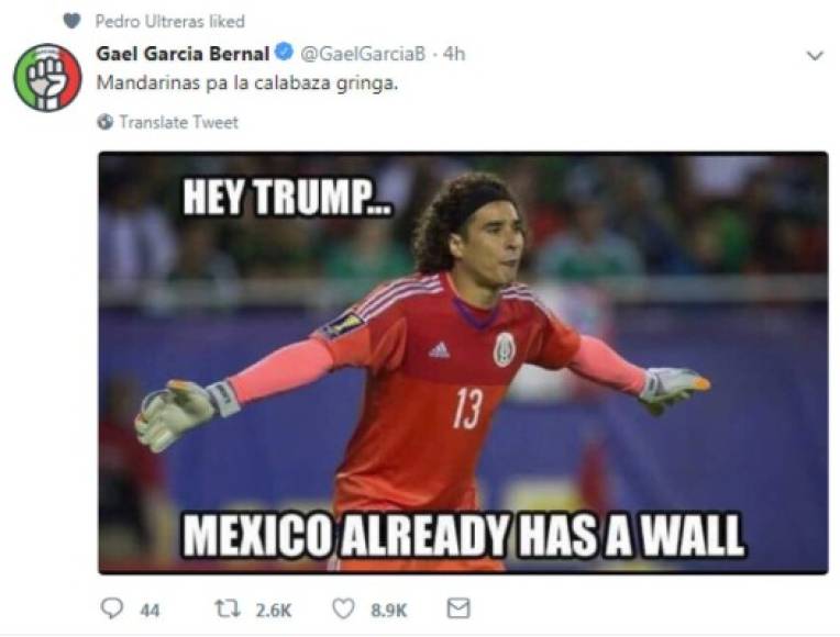 Celebridades mexicanas de la talla de Gael García Bernal le recordaron al presidente estadounidense que 'México ya tiene un muro', destacando la excelente actuación del portero Guillermo Ochoa ante Alemania.