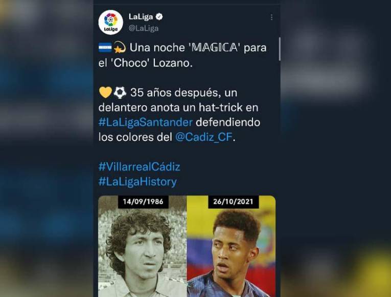 La Liga de España en su cuenta oficial de Twitter también compartió la información sobre Choco Lozano y el récord que igualó del salvadoreño Mágico González.