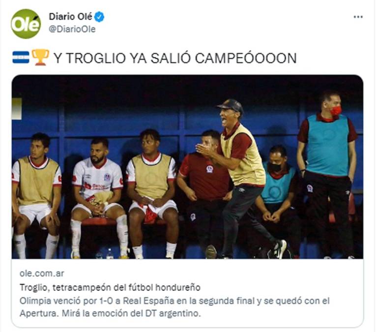 Diario Olé de Argentina - “Troglio, tetracampeón del fútbol hondureño”.