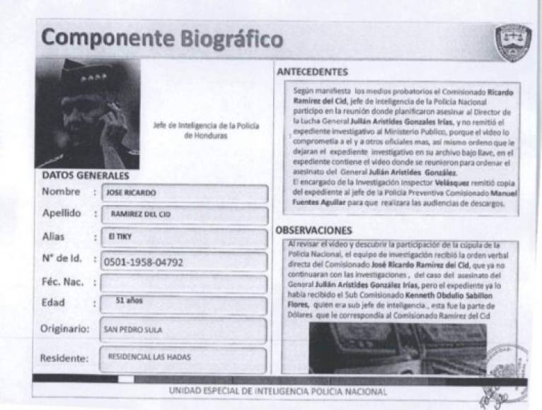 Ficha del comisionado Ricardo Ramírez del Cid vinculado en la muerte del zar antidrogas Arístides González, según publicación de The New York Times atribuido a un informe de la Inspectoría General de la Policía de Honduras.