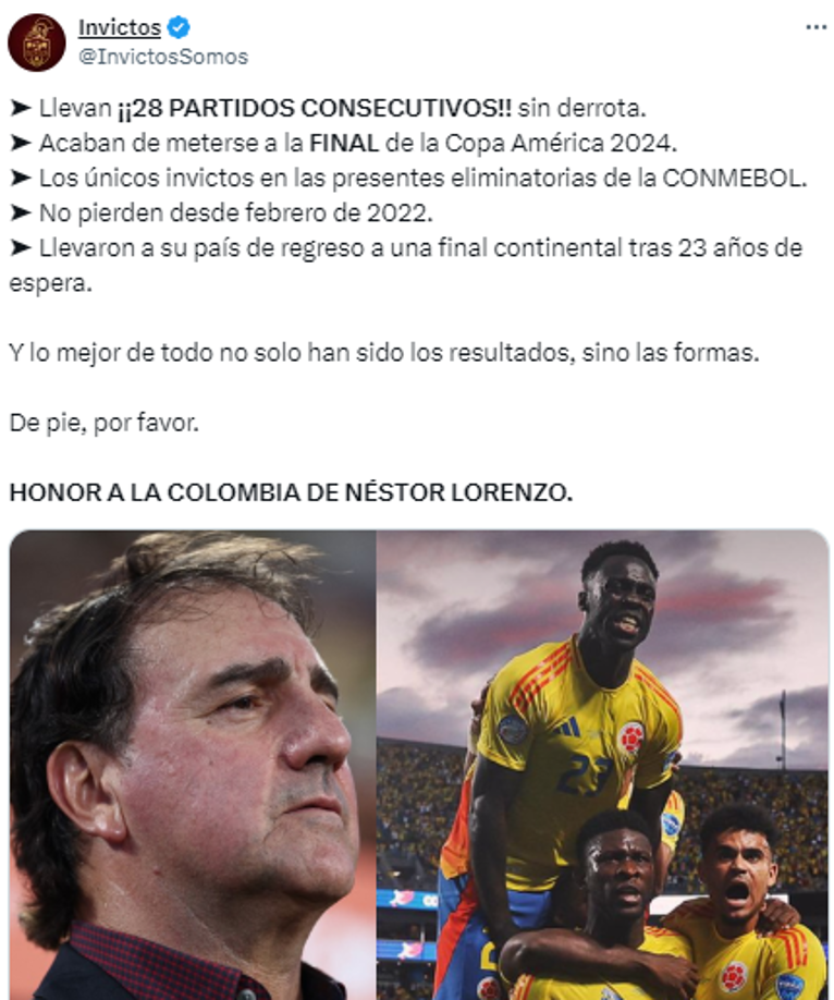 Invictos resaltó lo logrado por Colombia en los últimos partidos: “Y lo mejor de todo no solo han sido los resultados, sino las formas”