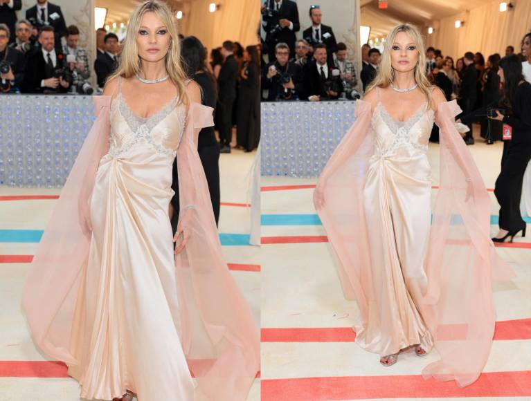 La modelo inglesa Kate Moss se decantó por un diseño color rosa pálido. 