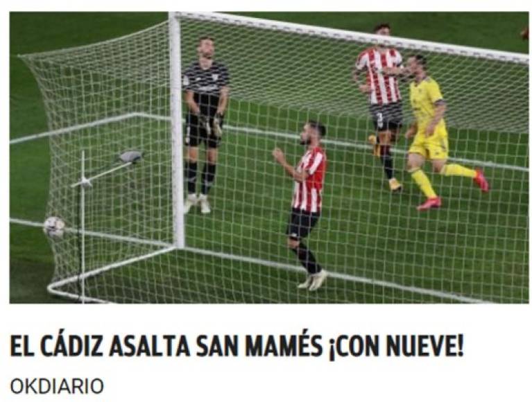 OKDiario de Madrid - 'El Cádiz asalta San Mamés ¡con nueve!'. 'Un gol en propia puerta de Unai López en el 57 dio los tres puntos a los pupilos de Álvaro Cervera que suman su segunda victoria en la Liga Santander'.