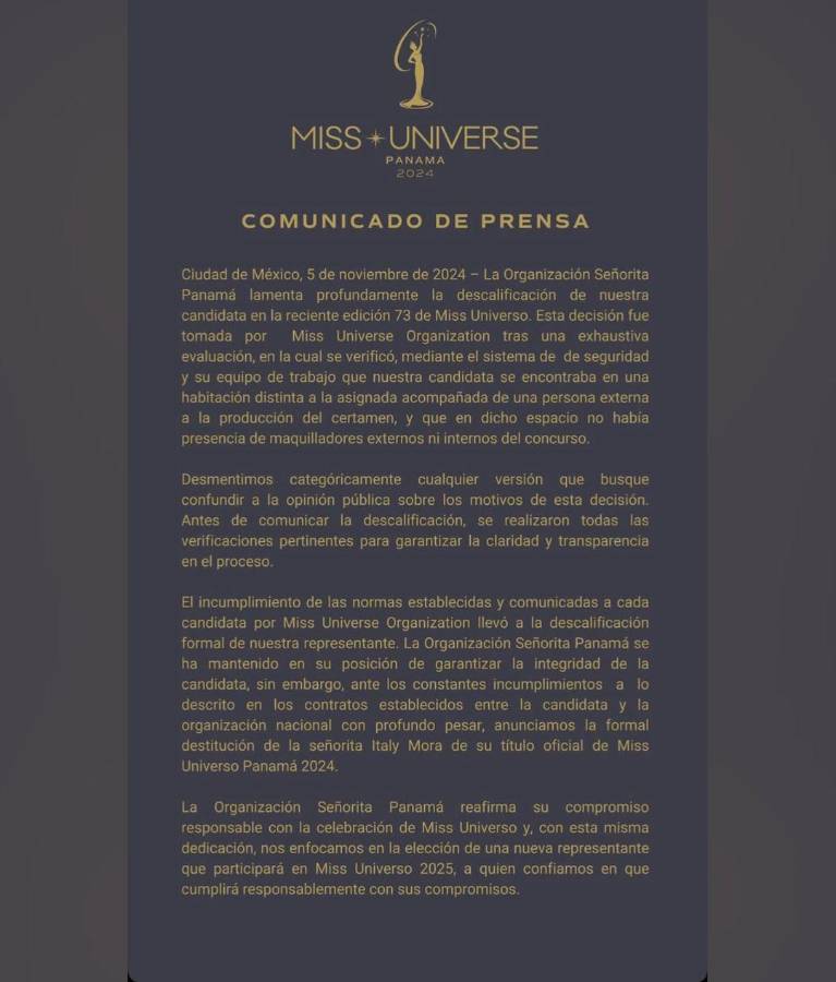 Este fue el comunicado oficial de Miss Universe Panamá sobre la destitución del título a Italy Mora, el cual fue publicado en redes sociales.