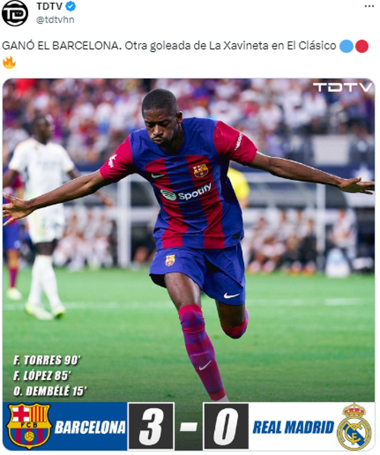 TDTV: “GANÓ EL BARCELONA. Otra goleada de La Xavineta en El Clásico”.