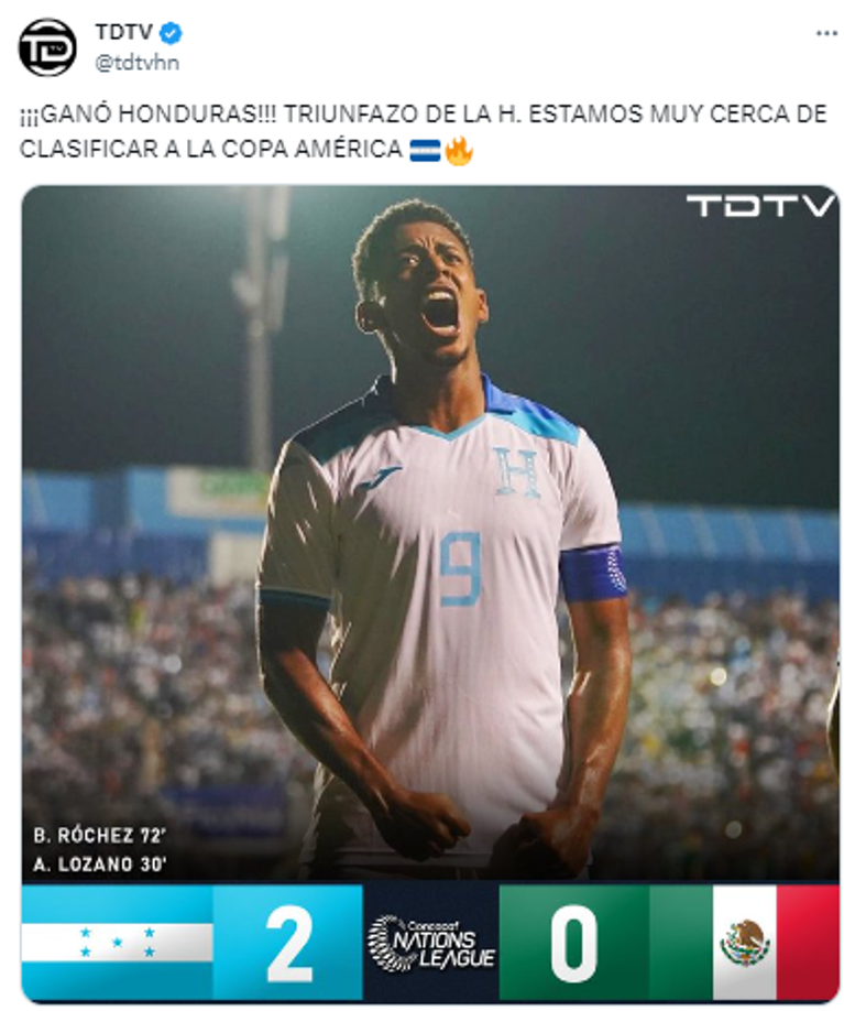 TDTV: ¡¡¡GANÓ HONDURAS!!! TRIUNFAZO DE LA H. ESTAMOS MUY CERCA DE CLASIFICAR A LA COPA AMÉRICA”.