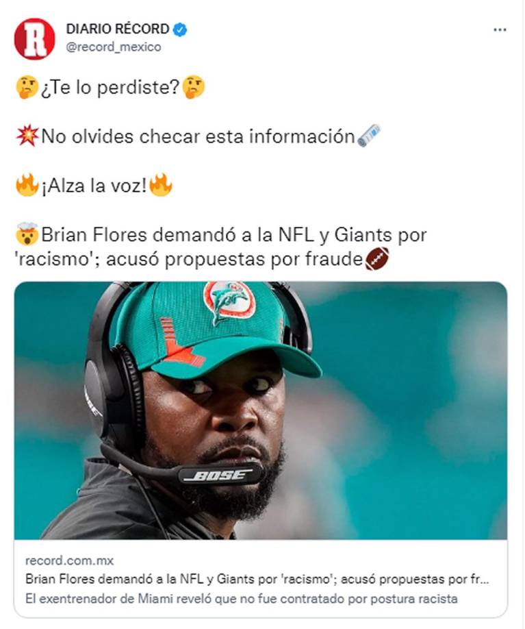 Diario Récord de México - “Brian Flores demandó a la NFL y Giants por ‘racismo’; acusó propuestas por fraude”.