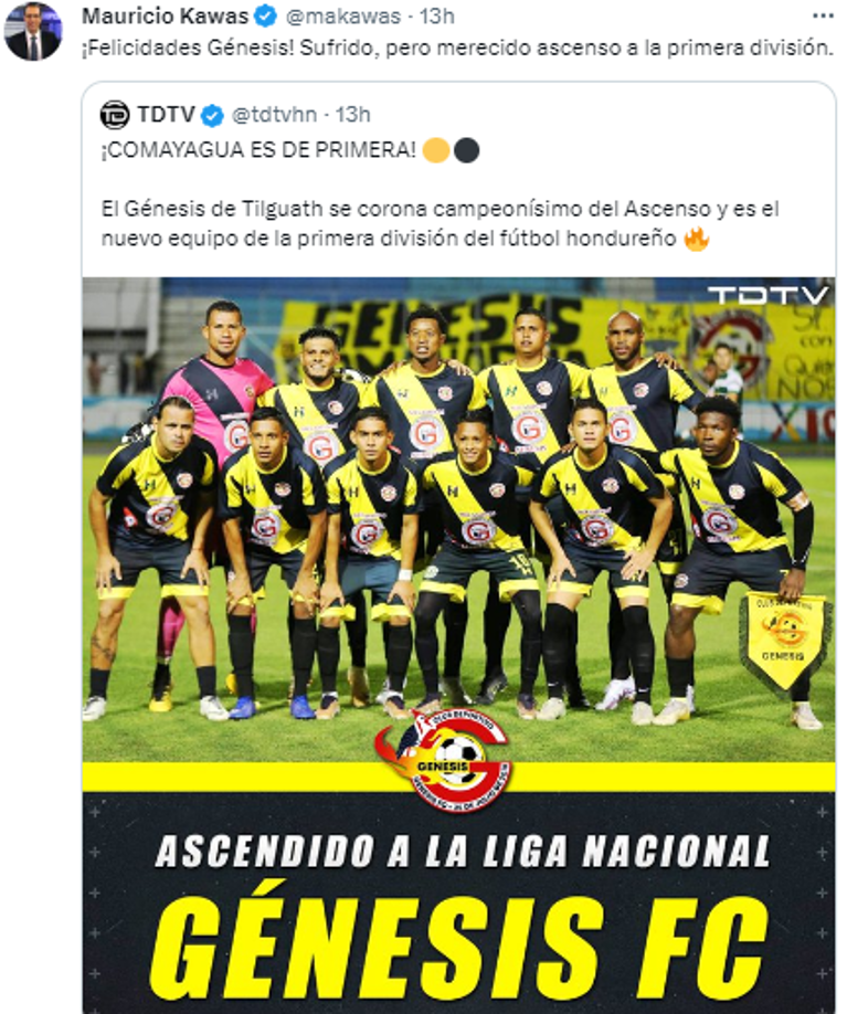 Mauricio Kawas: “¡Felicidades Génesis! Sufrido, pero merecido ascenso a la primera división”: