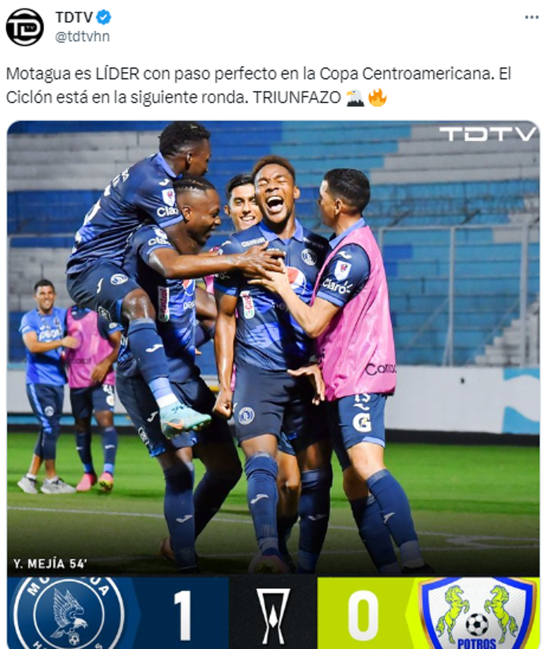 TDTV: “Motagua es LÍDER con paso perfecto en la Copa Centroamericana. El Ciclón está en la siguiente ronda. TRIUNFAZO”.