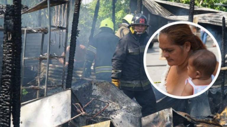 Las viviendas quedaron totalmente consumidas por el fuego. En la foto circular, la madre y su menor rescatada.
