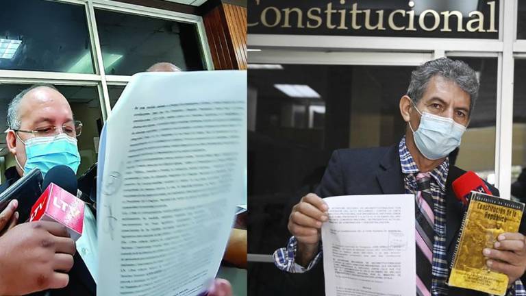José Rodríguez, abogado, tras presentar el recurso de amparo en la CSJ para que sea reconocido Jorge Cálix como presidente del CN y en la segunda imagen José Arnulfo Lagos muestra documentos luego de presentar un recurso de inconstitucionalidad contra la junta directiva del Congreso encabezada por Jorge Cálix.