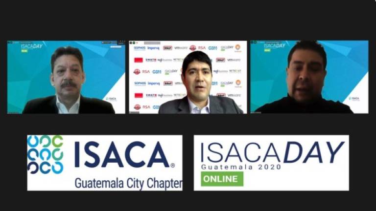 Juan Carlos Morales, vicepresidente académico; Luis Alejandro Anderson, presidente, y Rene Contreras Queme, vicepresidente administrativo de Isaca Capítulo Guatemala, durante la conferencia de prensa de lanzamiento del Isaca Day 2020.