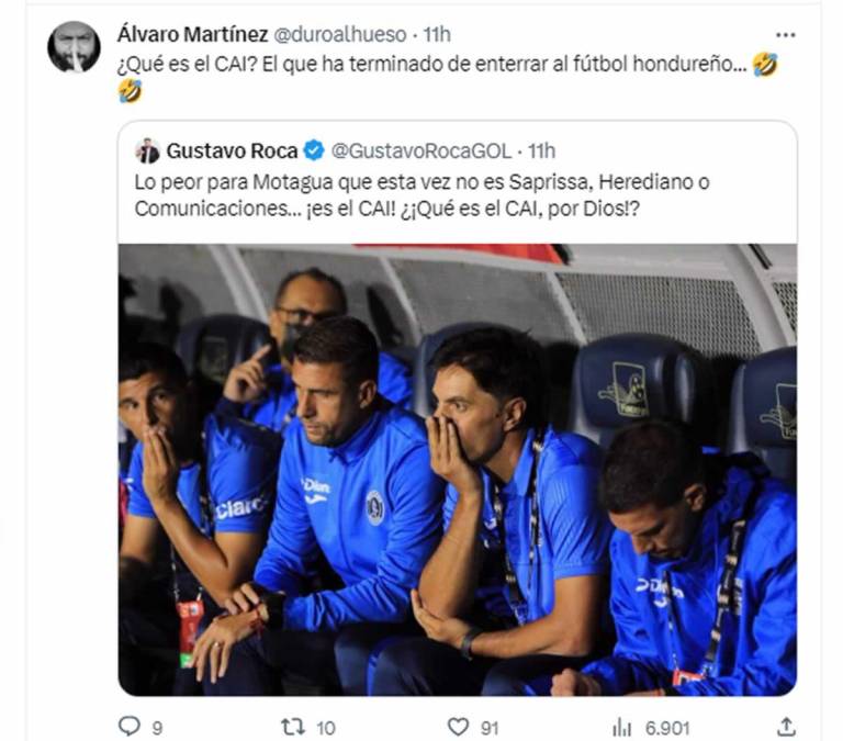 El periodista panameño Álvaro Martínez, de COS Panamá, respondió a un twett de Gustavo Roca: “¿Qué es el CAI? El que ha terminado de enterrar al fútbol hondureño”.