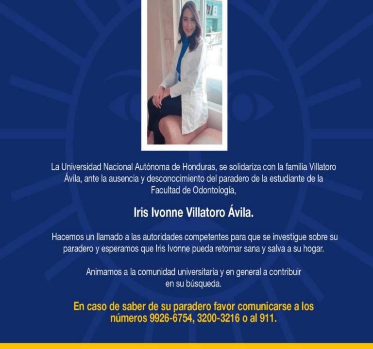 La Unah se solidarizó con la familia de Iris Villatoro tras conocerse su desaparecimiento y demandó resultados a la Policía.