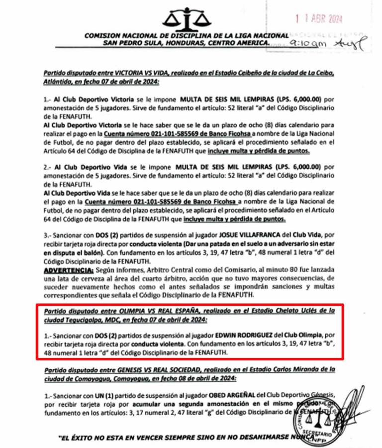 Parte de los castigos de la Comisión de Disciplina.