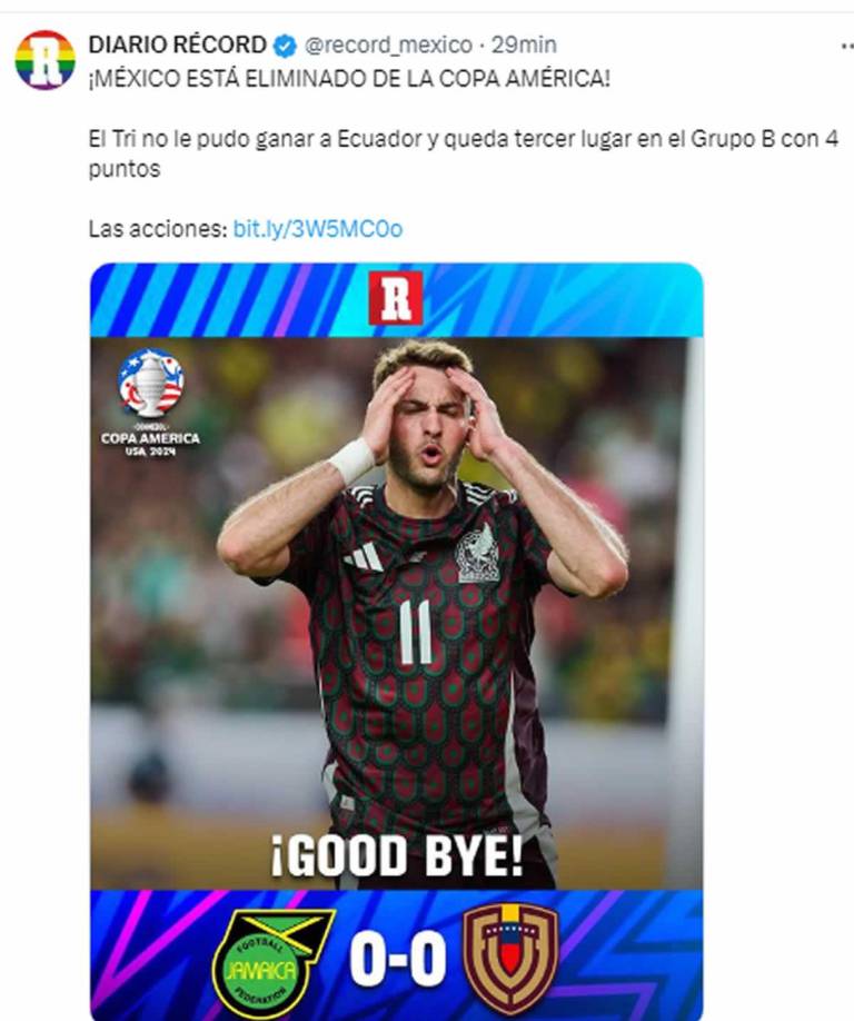 Diario Récord - “¡México está eliminado de la Copa América! El Tri no le pudo ganar a Ecuador y queda tercer lugar en el Grupo B con 4 puntos”.