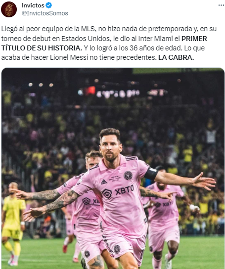 Invictos: “Llegó al peor equipo de la MLS, no hizo nada de pretemporada y, en su torneo de debut en Estados Unidos, le dio al Inter Miami el PRIMER TÍTULO DE SU HISTORIA. Y lo logró a los 36 años de edad. Lo que acaba de hacer Lionel Messi no tiene precedentes”.
