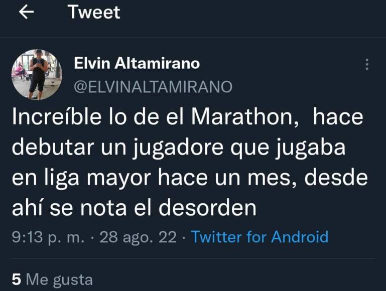 “Increíble lo del Marathón, hace debutar un jugador que jugaba en Liga Mayor hace un mes, se nota el desorden”, señaló el periodista Elvin Altamirano. 