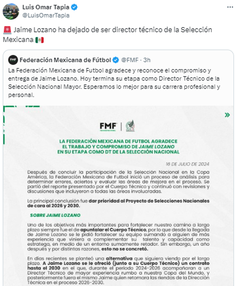 El mexicano <b>Jaime</b> <b>Lozano</b> fue cesado de la dirección técnica de la selección nacional de México, luego de un análisis realizado por la Federación Mexicana de Fútbol (FMF), tras la eliminación en la fase de grupos de la pasada Copa América.