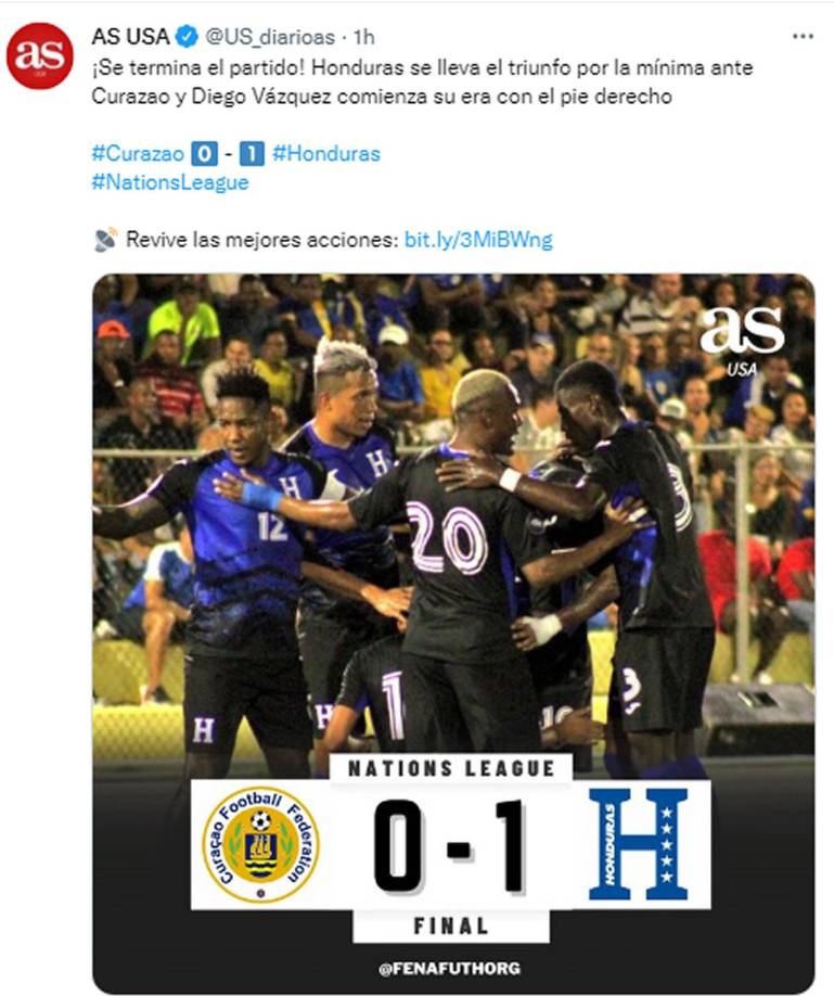 Diario As de España - “Honduras se lleva el triunfo por la mínima ante Curazao y Diego Vázquez comienza su era con el pie derecho”.
