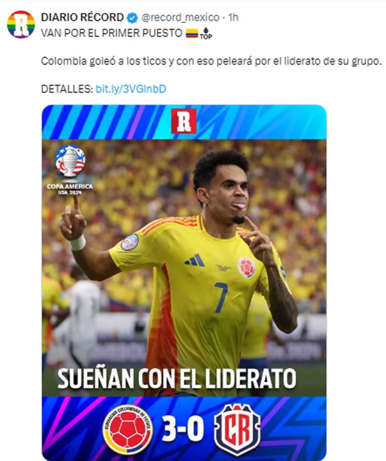 Diario Récord de México - “Colombia goleó a los ticos y con eso peleará por el liderato de su grupo”.
