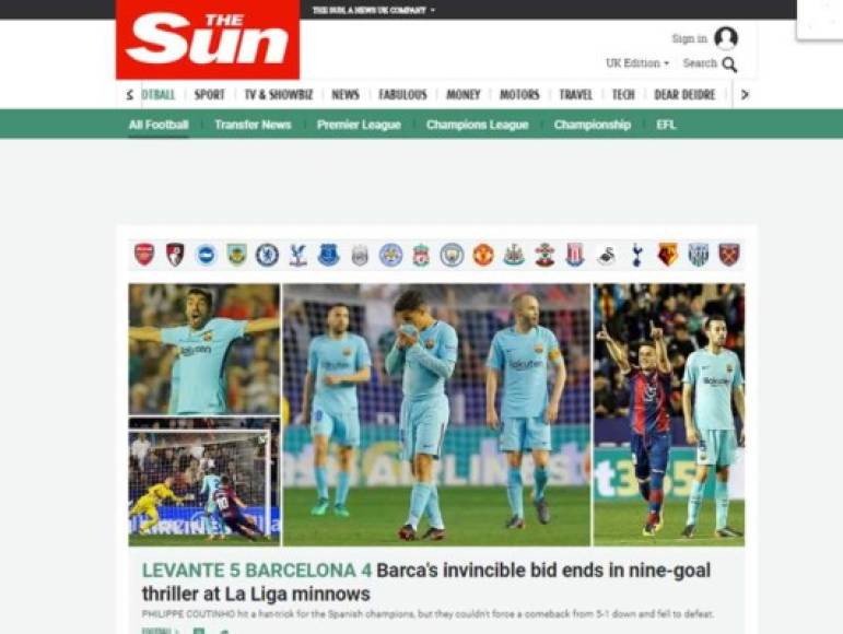 The Sun: 'La invencible candidatura del Barça termina en un thriller de nueve goles'.