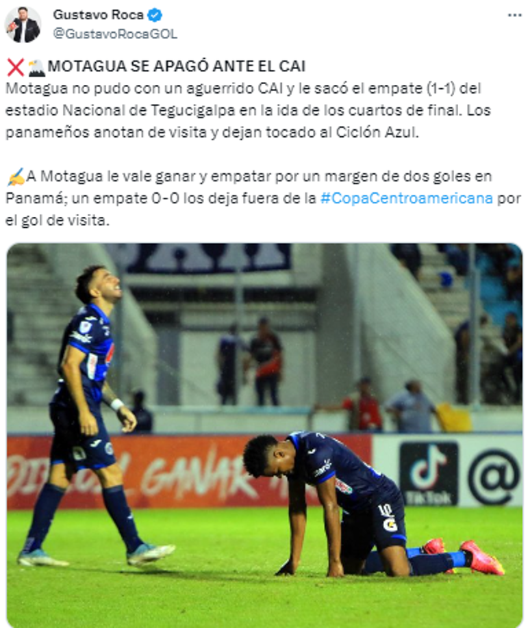 El periodista de Diario Diez, Gustavo Roca: “Motagua se apagó ante el CAI”. Asimismo, comentó que a los azules solo les vale ganar o empatar por un margen de dos goles en casa del CAI. 