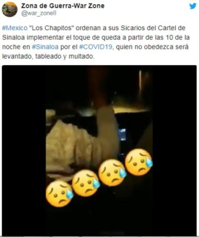 El video publicado por la cuenta de TikTok de @elmafiasgracia el 14 de abril se escucha a un hombre que va en un automóvil para advertir a la población para que no salga de sus casas o tendrá consecuencias por parte de “Los Chapitos”, refiriéndose a los hijos del narcotraficante Joaquín “El Chapo” Guzmán.<br/><br/><br/><br/><br/>