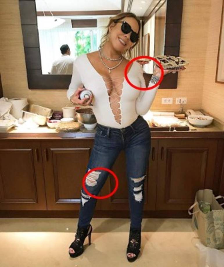10. Mariah Carey, de 46 años, ha vuelto a meter la pata con el retoque fotográfico. Lejos de mejorar sutilmente sus imágenes, la cantante es conocida por estrecharse caderas, piernas o brazos, y dejar las huellas de su trampa.