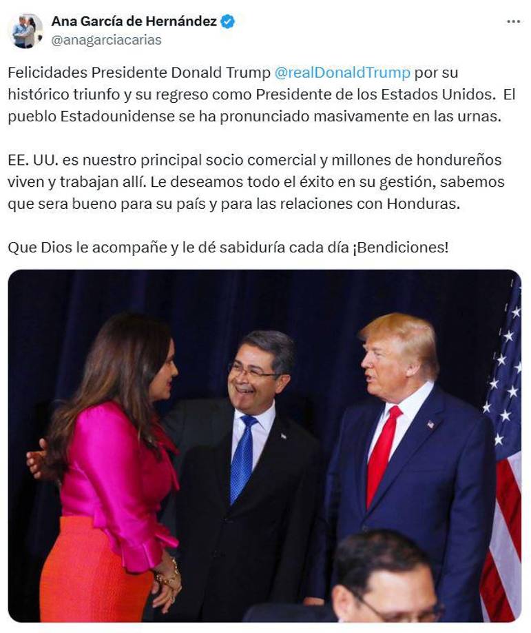 Ana García de Hernández, precandidata presidencial del Partido Nacional, felicitó a Trump y recordó un encuentro que sostuvo su esposo, el expresidente Juan Orlando Hernández, con el ahora mandatario electo de Estados Unidos. 