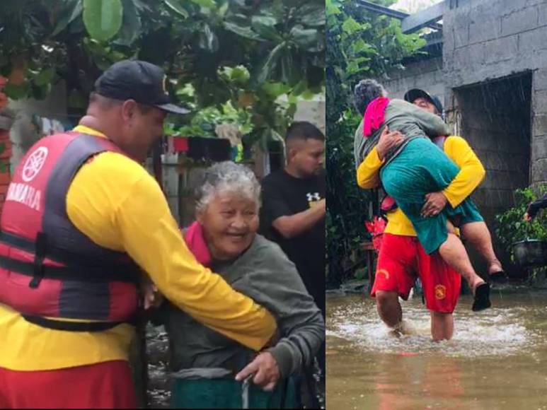 Una anciana fue evacuada de su vivienda en Puerto Cortés por severas inundaciones y pese a su mal momento por las afectaciones de las lluvias, no perdió su alegría mientras era sacada de su casa por miembros de los bomberos.