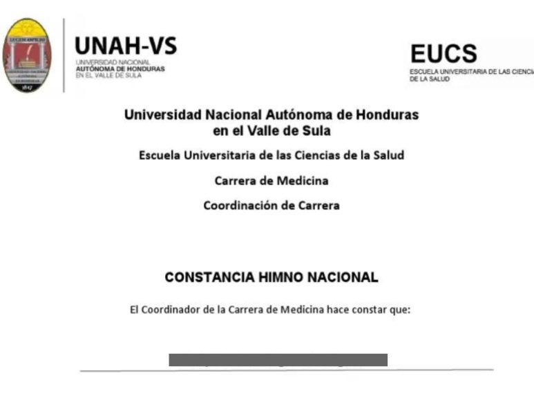 7. Constancia de examen del Himno Nacional.