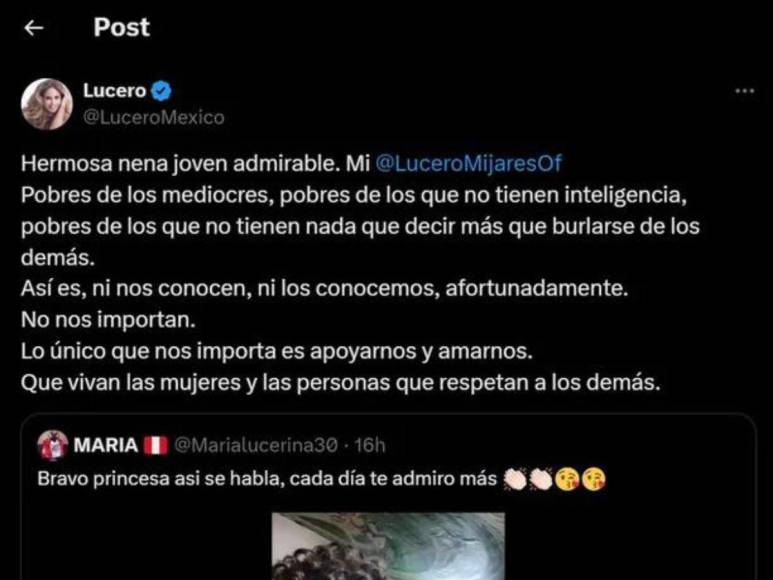 En un mensaje contundente compartido en sus redes sociales, Lucero calificó de “mediocres” a los conductores que se burlaron de su hija, denunciando su falta de inteligencia y empatía.
