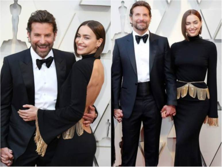 Irina Shayk opacó a su galán, Bradley Cooper, con un vestido negro con detalles dorados que dejaba su espalda al descubierto. El diseño de la modelo rusa está firmado por Burberry.