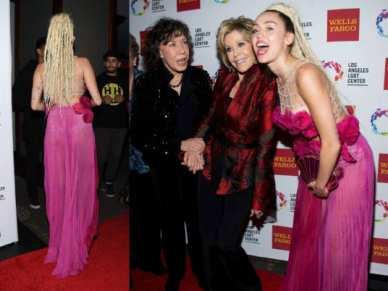 Miley Cyrus con sus amigas actrices Lily Tomlin y Jane Fonda.