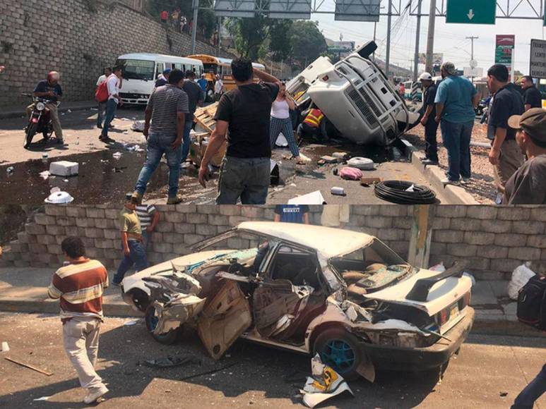 Unas tres motocicletas y 17 vehículos destruidos son parte de los daños materiales que dejó el accidente en el bulevar Fuerzas Armadas a la altura de El Carrizal, Tegucigalpa.