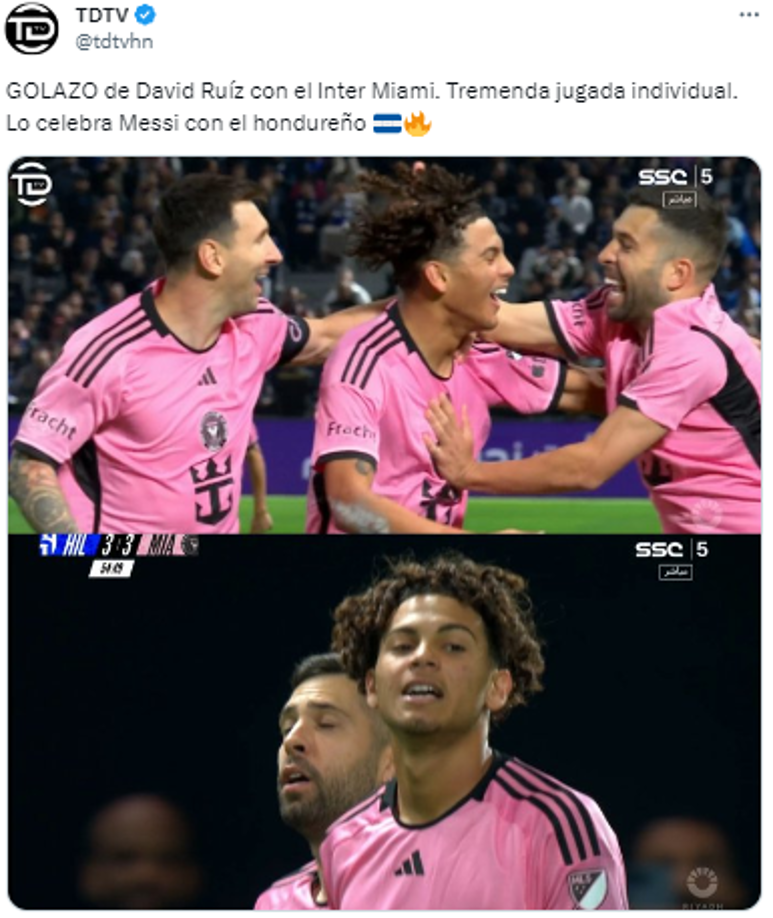 “GOLAZO de David Ruíz con el Inter Miami. Tremenda jugada individual. Lo celebra Messi con el hondureño”, publicó TDTV.