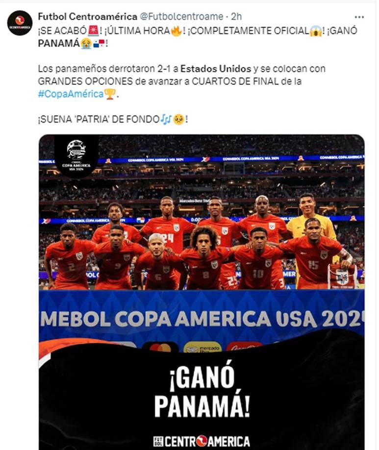 La cuenta Futbol Centroamérica celebró la victoria de Panamá: “Los panameños derrotaron 2-1 a Estados Unidos y se colocan con GRANDES OPCIONES de avanzar a CUARTOS DE FINAL de la Copa América”.